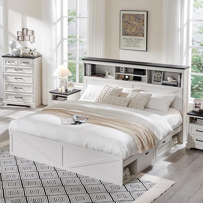 ACCOHOHO Farmhouse King Size Bed Frame with 52" High Storage Bookcase Headboard and 4 Drawers,Wooden Bed Frame with LED Light and Charging Station,White