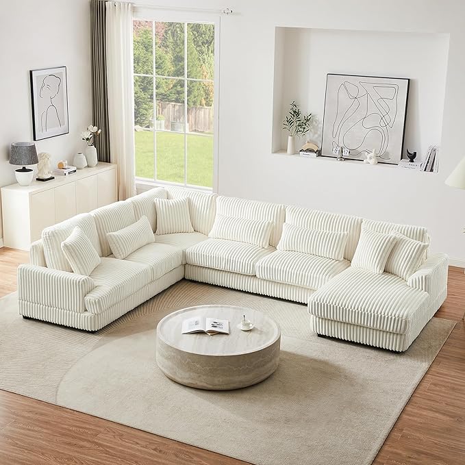 Oversized Sectional Sofa Modern U-Shaped Couch Upholstered in Soft Corduroy with a Chaise Lounge for Living Room