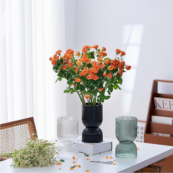 7.5 Inch Glass Hourglass Vase - Green Ribbed Bud Flower Vases for Floating Candles, Centerpieces, Wedding Reception Decor - Hurricane Candle Holder for Home Decor, Housewarming Gift