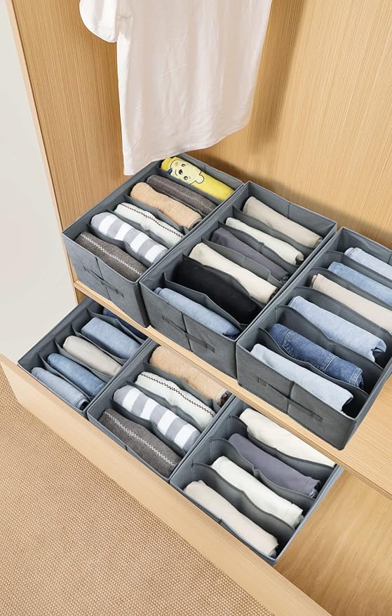 Extra Large Clothes Closet Organizer 6 Compartments for Jean Sweater Sheets to Shirt - Divided Clothing Storage Boxes for Closet, Wordrobe, Bedroom, Shelf (4pc Gray)