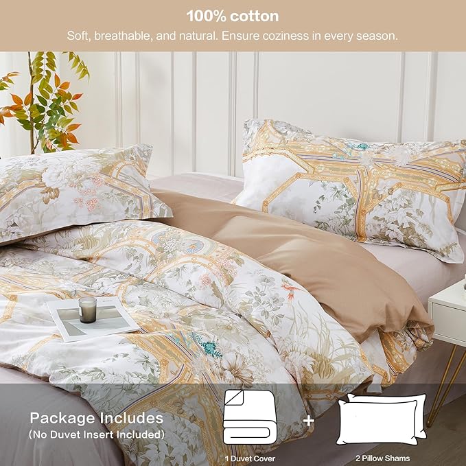 SAPHREAS Gold Floral Duvet Cover Set 3pcs Full Size White Flower Botanical Blossom Bedding Comforter Cover Set 100% Cotton 1 Duvet Cover 2 Pillow Shams, Comforter Not Included