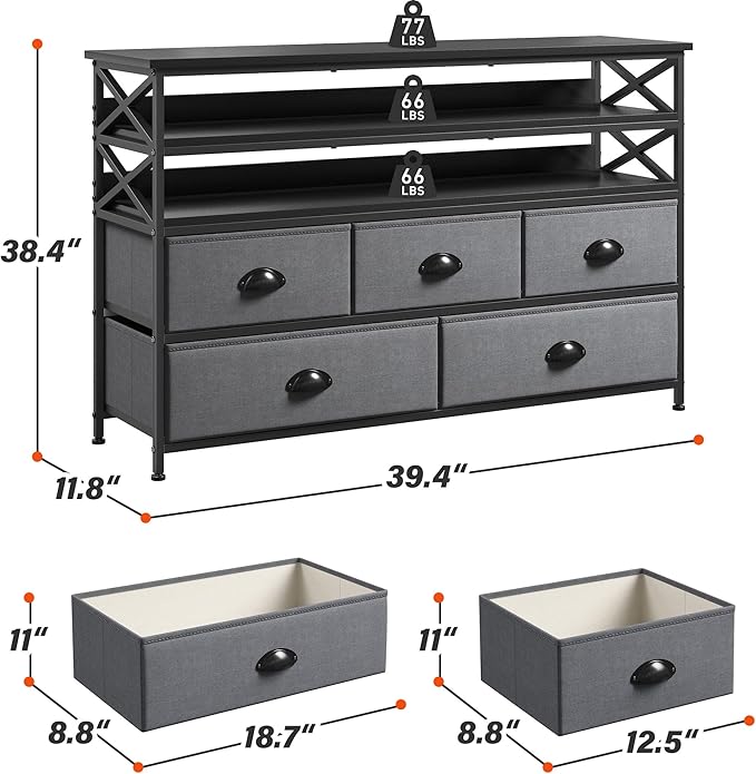 Dresser TV Stand for 50" TV, Sturdy Dresser for Bedroom with 5 Fabric Drawers and 3 Wood Open Shelves, Chest of Drawers Storage Dressers for Entryway, Closet, Grey, 11.8" D x 39.4" W x 38.4" H