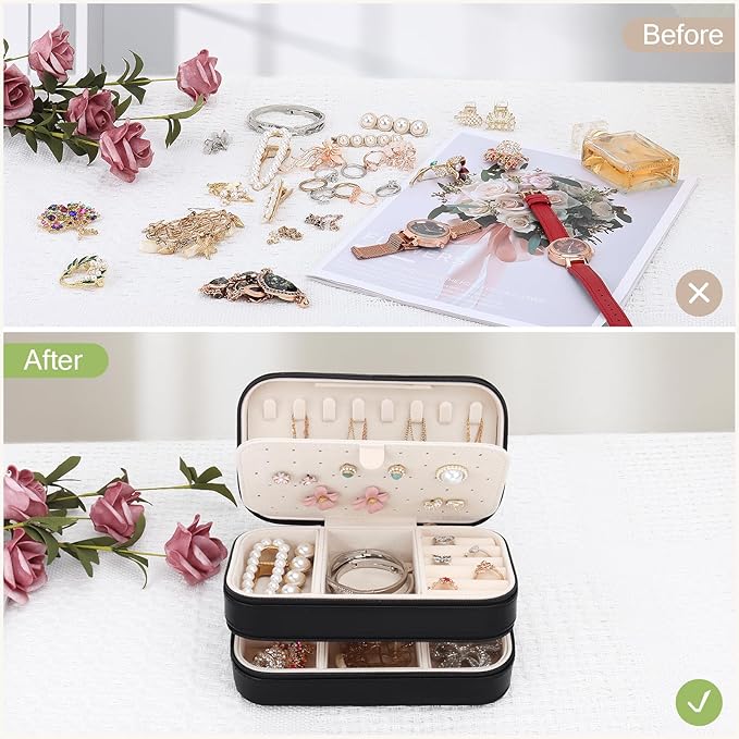 DesignSter Small Travel Jewelry Box with Double Zipper, 2 Layers PU Portable Jewelry Case for Women and Girls,Travel Jewelry Organizer for Rings, Earrings, Necklaces, Bracelets,Black