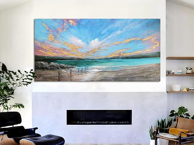 Arjun Ocean Teal Wall Art Canvas Coastal Beach Painting Blue Turquoise Landscape Sunset Picture, Panoramic Gold Foil Textured Large Artwork Framed for Living Room Bedroom Bathroom Wall Decor 48"x24"