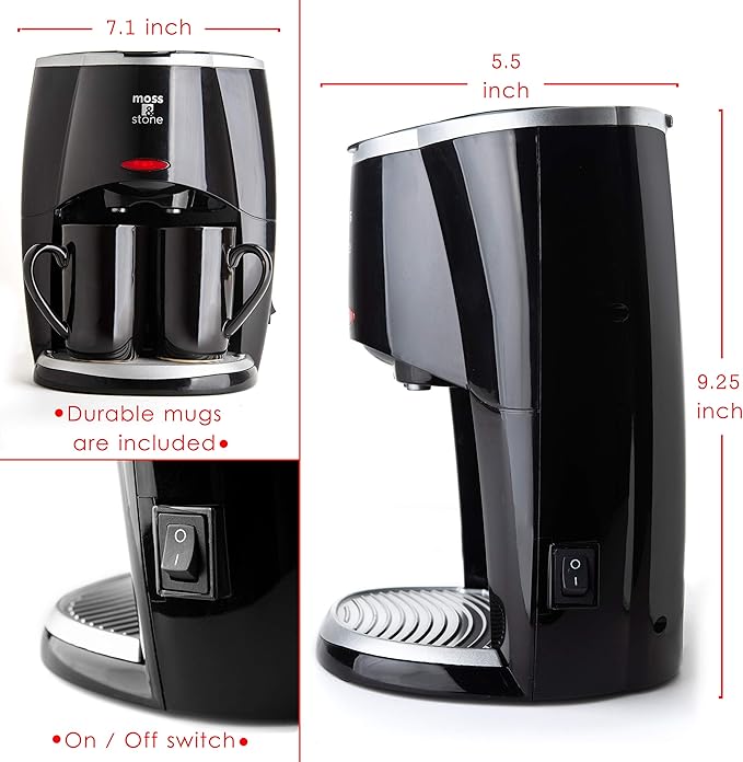 Moss & Stone Mini Drip Coffee Maker with Mug (5 oz Mugs), Small Coffee Pot With 2 Coffee Cups, Mini Coffee Maker (2 Drip & 2 Mug)