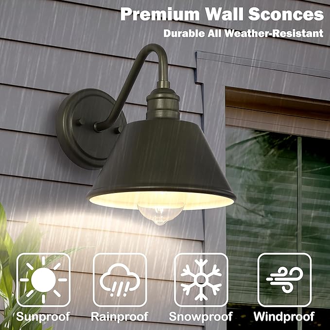 2-Pack Gooseneck Outdoor Light Fixtures, Dark Olive Outdoor Wall Sconces, Farmhouse Barn Light for Porch, Matte Iron Wall Light, Waterproof & Anti-Rust, Garage, Patio, Garden