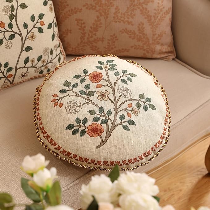 Design Linen Classic Throw Pillow Covers Diameter 16" Pack of 2, French Farmhouse Round Cushion Covers with Orange White Floral Pattern Decor Pillowcases for Bed,Living Room,Outdoor,Car