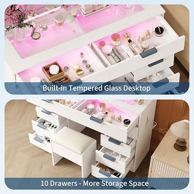 Vanity Desk with Large Mirror and Lights, Makeup Vanity Desk Set with Power Outlet, Stool, 10 Drawers Storage, Magnifying Glass, Hairdryer Holder, 3 Lighting Color Adjustable for Bedroom (White)