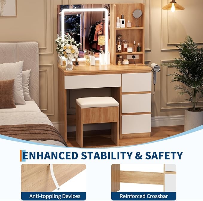 Vanity Desk with Mirror and LED Light, Vanity Desk with 4 Drawers, Power Outlet, Storage Stool, Storage Shelves & Hair Dryer Holder, Adjustable 3 Lighting Mode, Makeup Vanity Set for Bedroom, Natural