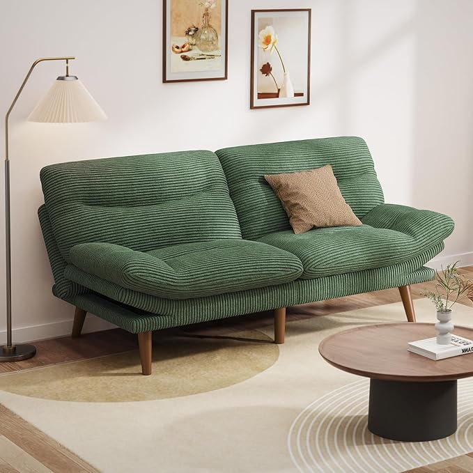 Pipishell Futon Sofa Bed, 73" Convertible Futon Couch, Adjustable Backrest & Armrests, Corduroy Recliner Sleeper Sofa for Small Spaces, Living Room, Office, Guest Room (Green, 73 Inch)
