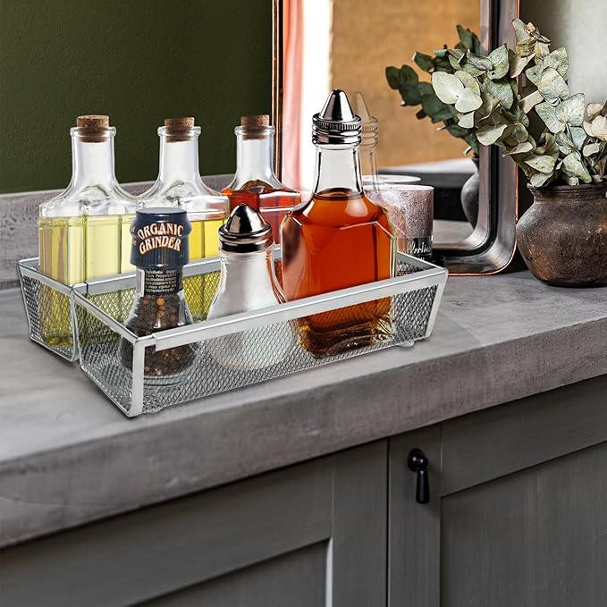 2PCS Drawer Organizer, Mesh Drawer Organizer with Interlocking Arm for Utensil, Cosmetic, Flatware, Pen (9 * 3 * 2 Inches, Grey)