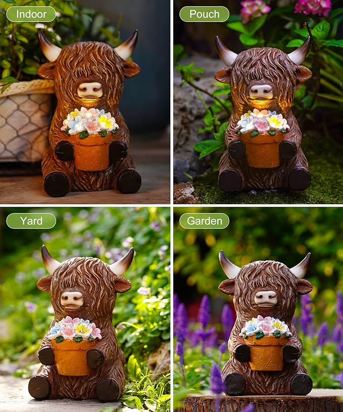 Nacome Solar Garden Highland Cow Holding Succulent Planter with LED Lights Outdoor Decor for Outside Yard Patio Balcony Porch Decorations - Birthday Gifts Mom Grandma Women(Brown)
