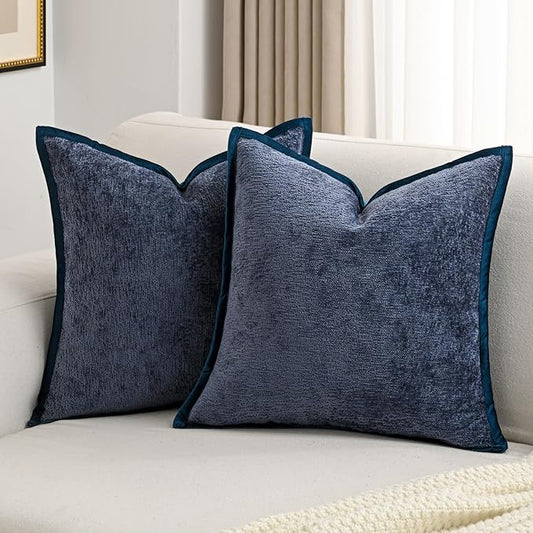 FUTEI Navy Blue Chenille Throw Pillow Covers 20x20 Inch Set of 2,Soft Cozy Bound Edge Design Cushion Case,Home Decor for Couch Bed Living Room