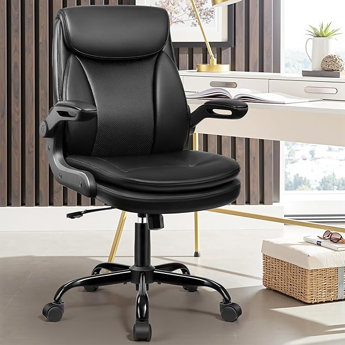 Office Chair Ergonomic Desk Chair - Premium Leather Executive Office Chairs with Lumbar Support Flip Up Armrests, Home Office Desk Chairs Computer Chair with Rocking Function Adjustable Height