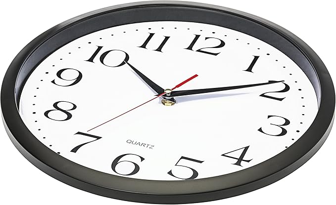 Bernhard Products Black Wall Clock Silent Non Ticking, 12 Inch Quality Quartz Battery Operated Round Easy to Read Home/Office/Kitchen/Classroom/School Clock Sweep Movement