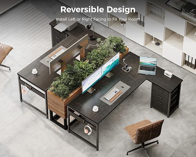 AODK L Shaped Gaming Desk with 4 Drawers, 61" Reversible Home Office Desks with Power Outlets, L Shaped Computer Desk with USB Charging Port and Host Stand, Corner Desk, Easy to Assemble, Black