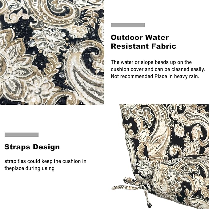 Set of 2 Outdoor High Back Chair Cushions 44"x 22",Water Repellent Rocking Seat Cushions Replacement, Seat/Back Chair Cushions for Patio,Porch,Balcony and Indoor - Paisley Black