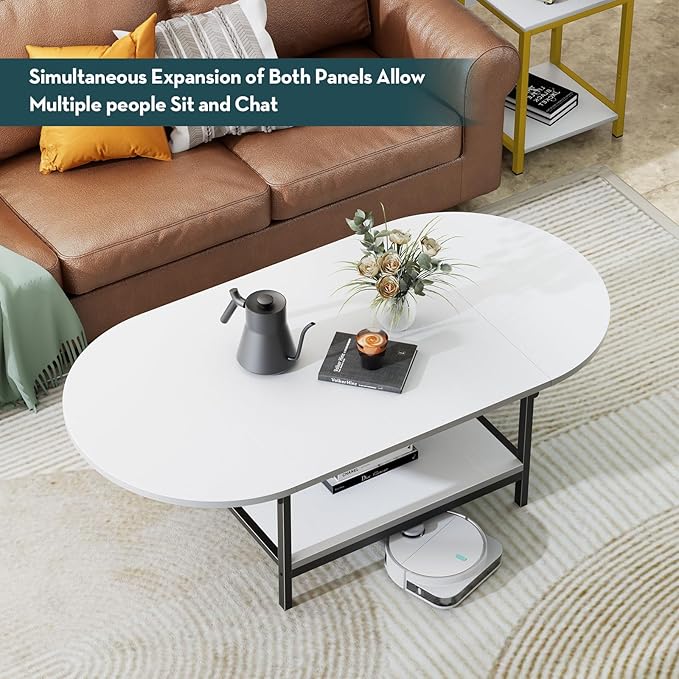 SAYGOER Modern Coffee Table White Extended Coffee Tables with Storage for Living Room 2-Tier Unique Center Table with Two Foldable Panel for Any Large or Small Space, All White