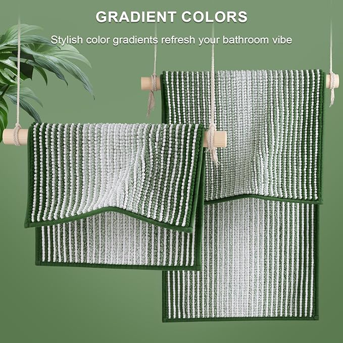 Bathroom Rugs and Mats Sets, 2 Piece Thick Absorbent Chenille Bath Mat Rug Set Non Slip, Soft Shaggy Bath Room Floor Mats for Bathroom, Machine Washable (Hunter Green, 20" x 32" Plus 16" x 24")