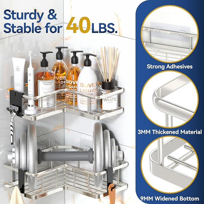 YASONIC Corner Shower Caddy Organizer, 5-Pack Self-Adhesive Rustproof Bath Shelves with Soap Holder & 4 Hooks, Large Capacity Shower Storage Rack for Bathroom Organization, Silver