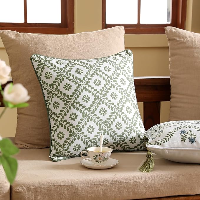 Design Fresh Linen Square Throw Pillow Covers 18"x18" Pack of 2, French White Cottage Cushion Covers with Green Branches Pattern Decoration Pillowcases for Bed,Living Room,Outdoor,Car