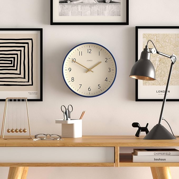 JONES CLOCKS® Studio Wall Clock | Modern Round Clock | 12 inch | Dark Navy Blue | Easy to Read Numbers | Versatile Design for Kitchen, Living Room or Office
