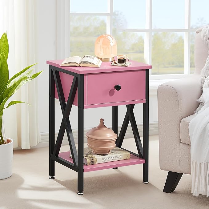 VECELO Nightstand,Modern Bedside End Table, Night Stand with Drawer and Storage Shelf for Living Room Bedroom, Industrial Metal Frame