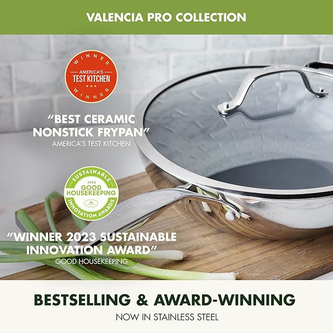 GreenPan Valencia Pro Tri-Ply Stainless Steel 12” Wok with Lid, Healthy Ceramic Nonstick PFAS-Free PFOA- Free Coating, Multi Clad Cookware, Induction, Dishwasher Safe, Oven and Broiler Safe