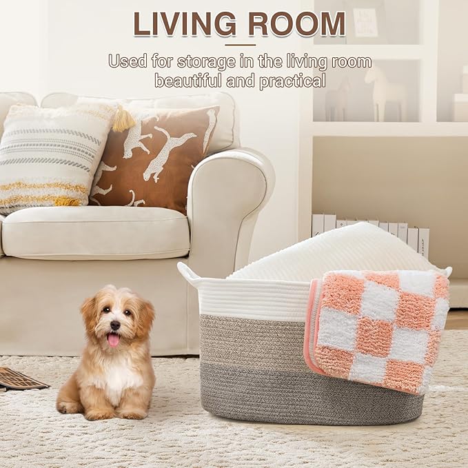 Large Laundry Hamper Blanket Basket，21.6''×14.9''×19.6'' Cotton Rope Woven Laundry Basket for Organizing, Rectangle Toy Basket for Living Room, Bedroom