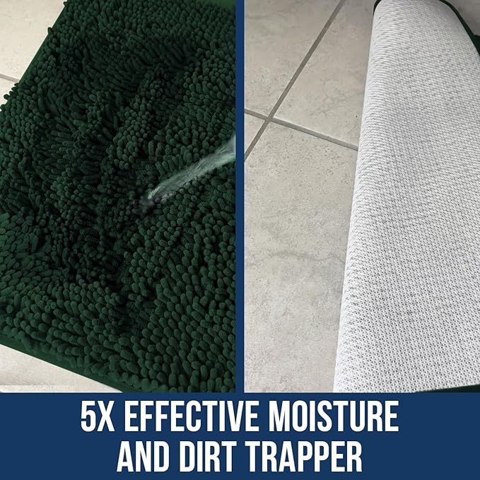 Muddy Mat Chenille Bathroom Rugs Quick Dry Microfiber Mats Non Slip Washable, Extra Thick, Soft and Highly Absorbent Bath Mats for Bathroom, Kitchen, and Shower Floor - Dark Green Runner 59"X24"
