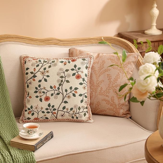 Design Linen Classic Throw Pillow Covers 18"x18" Pack of 2, French Farmhouse Square Cushion Covers with Orange White Floral Pattern Decoration Pillowcases for Bed,Living Room,Outdoor,Car