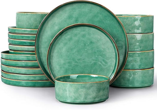 LIANYU Dinnerware Sets for 6, 18 Piece Plates and Bowls Dish Set, Ceramic Dinner Ware Dishware for Kitchen Dining, Microwave & Dishwasher Safe, Emerald Green