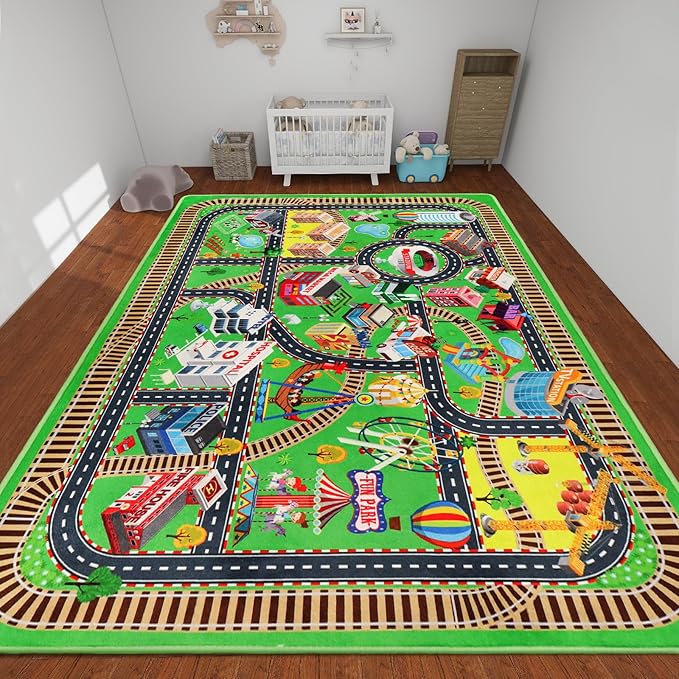 Kids Rug Play Mat for Toy Cars 3D City Life Road Traffic 59"×78.7" for Playroom Kids Car Road Rugs City Map Play Mat Non-Slip Washable Educational Car Rug for Toddler Boy Tummy Time Playtime