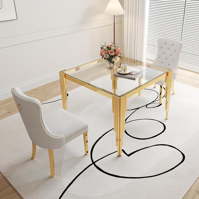 3 Piece Glass Dining Table Set, 35" Square Glass Kitchen Table with 2 White Velvet Upholstered Chairs, Gold Dining Table for 2 with Chairs Set for Kitchen, Living Room