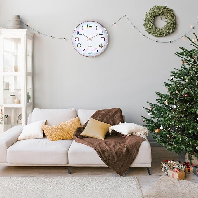 Lafocuse 12 Inch Colorful Wall Clock Battery Operated for Kitchen Living Room, Silent Rose Gold Analog Clock for Girls Bedroom Home Décor