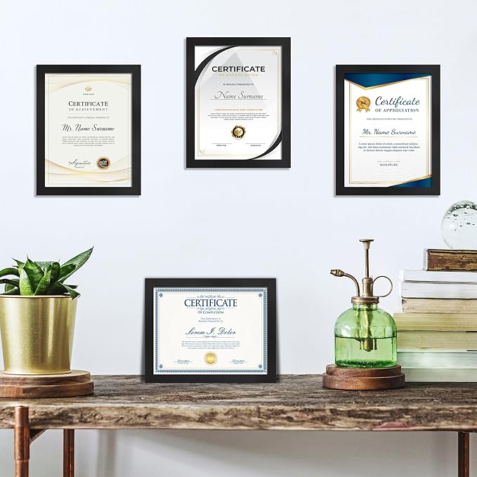 8.5x11 Picture Frame set of 6, Multi Certificate 8.5 by 11 Picture Frames Bulk, Document Diploma Award Frame for Wall Hanging or Tabletop Display, Black