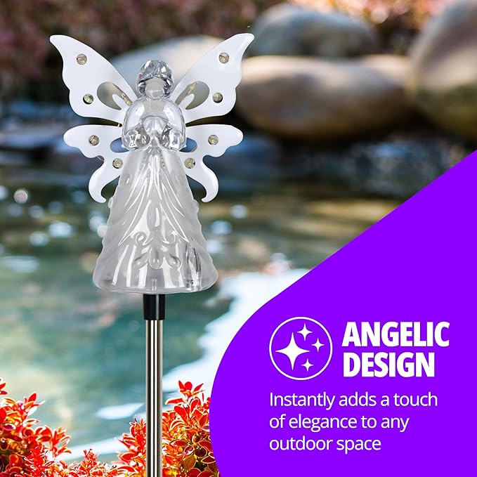 Exhart Garden Solar Lights, Decorative Angel Garden Stake, 12 LEDs, Cute Yard and Pathway Decor, White, 4 x 34 Inch