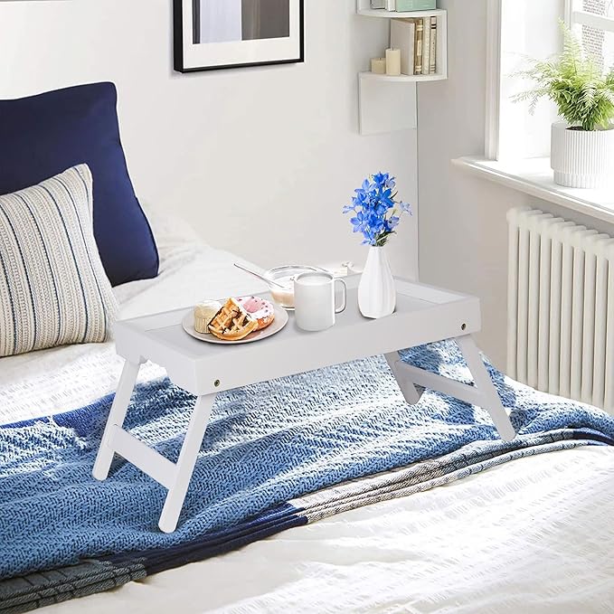 Bamboo Bed Tray Table with Foldable Legs, Breakfast in Bed Tray for Kitchen Serving Tray, Eating, Working, Drawing Tray (2 Pack, White)