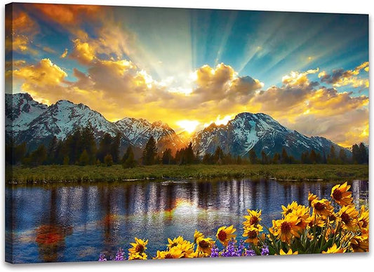 SKASNFAI Grand Teton National Park Wall Art Sunflower Landscape Canvas Mountain Artwork Landscape Print for Living Room Framed (12x16 inch)