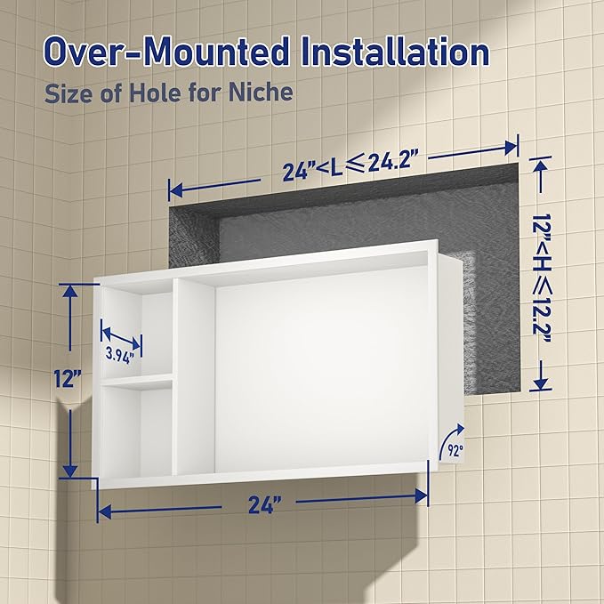 Stainless Steel Shower Niche 24" X 12" White No Tile Needed Horizontal Niche Shower with Shelf Recessed Wall Niches for Bathroom Storage