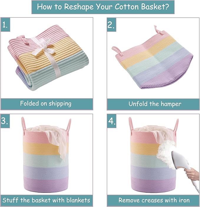 15Dx20H inches Baby Girls Kids Hamper Rainbow Laundry Basket for Nursery Clothes Pastel Unicorn Woven Hamper in Playroom Bedroom 60L Large Tall Blanket Basket for Toy Storage