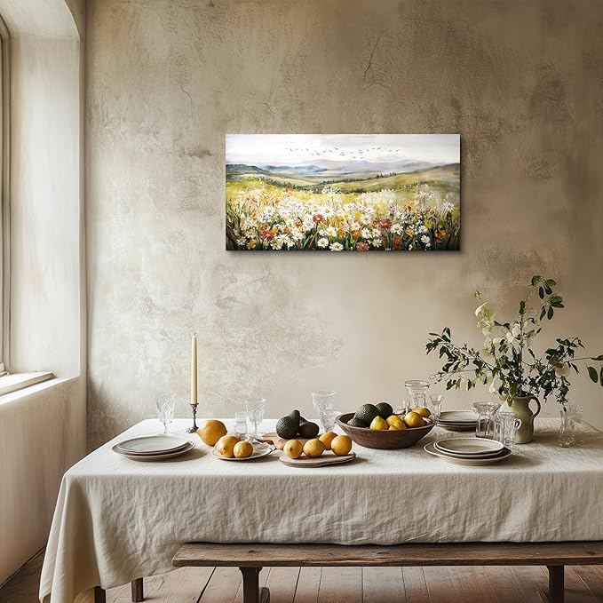 SERIMINO Green Rustic Landscape Wall Art, Mountain Floral Field Large Artwork, Meadow Daisy Scenery Canvas Prints, Nature Wildflower Wall Pictures for Living Room Kitchen Cottage Farmhouse 20X40 Inch