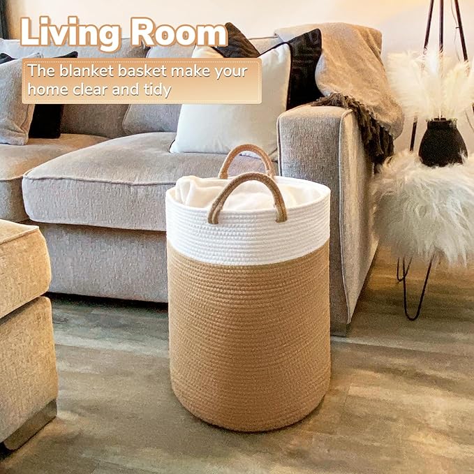 INDRESSME Large Laundry Hamper, 60L Clothes Laundry Basket, Nursery Hamper, Cotton Rope Hamper for Blankets, Hampers for Bedroom, 19.7 x 13.8 inches