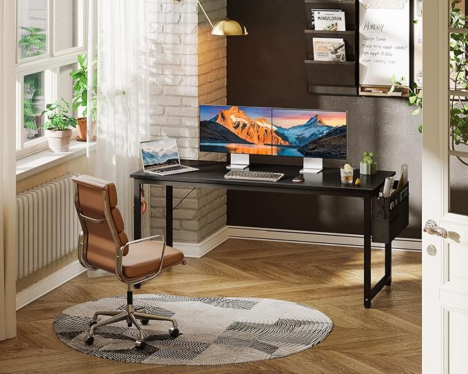 ODK Computer Desk Large Office Desk, 55 Inch Gaming Desk with Storage, Modern PC Desk Work Table with Headphone Hook for Home Office, Black