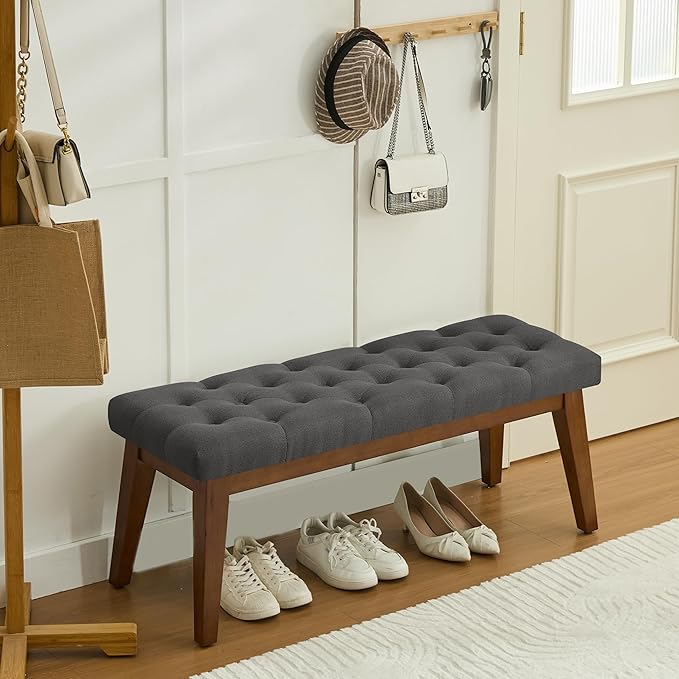 43.5'' Linen Bedroom Bench, Upholstered End of Bed Bench with Tufted Button, Padded Vintage Dining Bench, Entryway Bench with Solid Wood Legs, Kitchen, Living Room, Hallway, Dark Grey Tufted