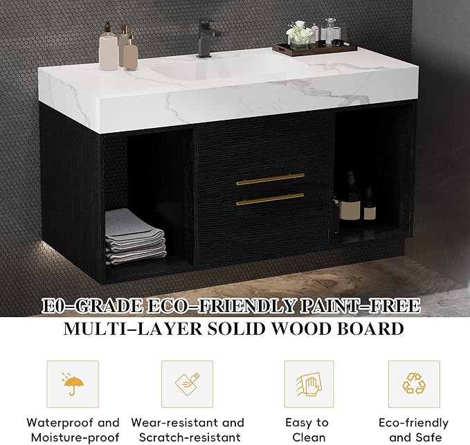 Goujxcy 39.4" Wall Mounted Bathroom Vanity with Sink, Modern Floating Bathroom Cabinet with Ceramic Sink & 2 Drawers, Wood Hanging Bath Room Cabinet with Soft-Close System (White & Black)