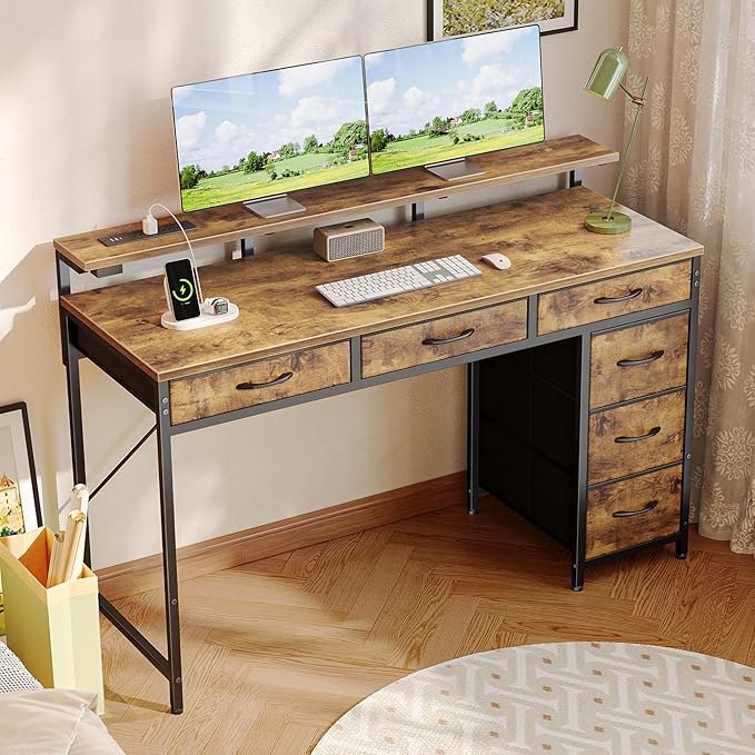 Huuger Gaming Desk with 6 Drawers, Computer Desk with LED Lights Power Outlets and Type-C, 47 Inch Office Desk with Storage, Monitor Stand, Writing Desk Work Desk for Home Office, Study, Rustic Brown