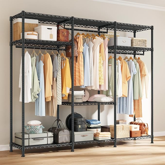 Raybee Heavy Duty Clothes Rack Load 800 LBS, Adjustable Clothing Racks for Hanging Clothes, Clothing Rack with Shelves for Bedroom,Basement 56''W x 15.7''D x 75.4''H, Black