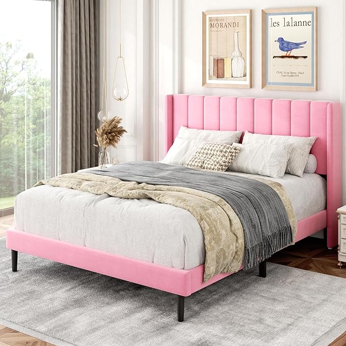 Full Size Bed Frame with Upholstered Wingback Headboard, Easy Assemnly Platform Bed, Wooden Slat Support No Box Spring Needed, Pink