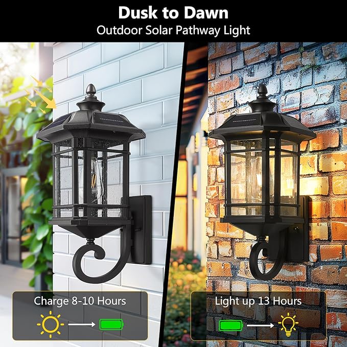 Emliviar Solar LED Wall Light Outdoor,Dusk to Dawn Solar Porch Light with Remote Control, Black Finish with Seeded Glass, Bulb Included, 22021M-SL BK